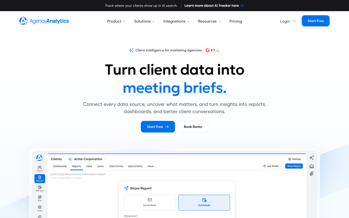AgencyAnalytics homepage hero in October 2026, headed 'Turn client data into meeting briefs', with a client dashboard mock-up