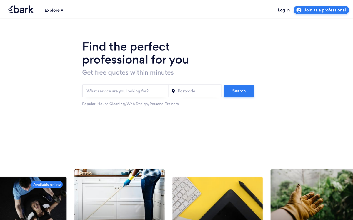 Bark homepage in October 2026, headed Find the perfect professional for you, Get free quotes within minutes, with a Join as a professional button