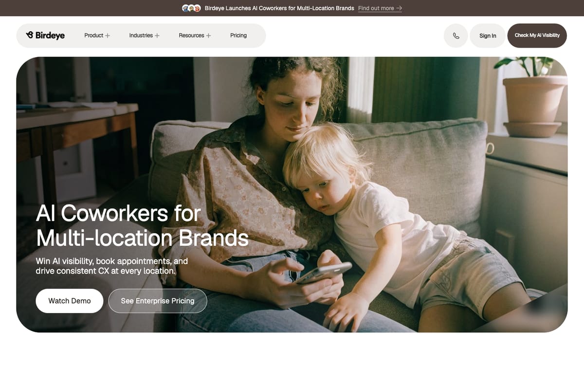 Birdeye homepage hero in October 2026, headed 'AI Coworkers for Multi-location Brands', with a Watch Demo button