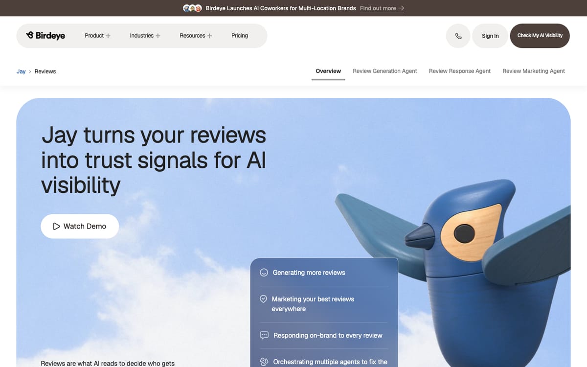 Birdeye's reviews page in October 2026, headed 'Jay turns your reviews into trust signals for AI visibility', with an AI review agent illustration