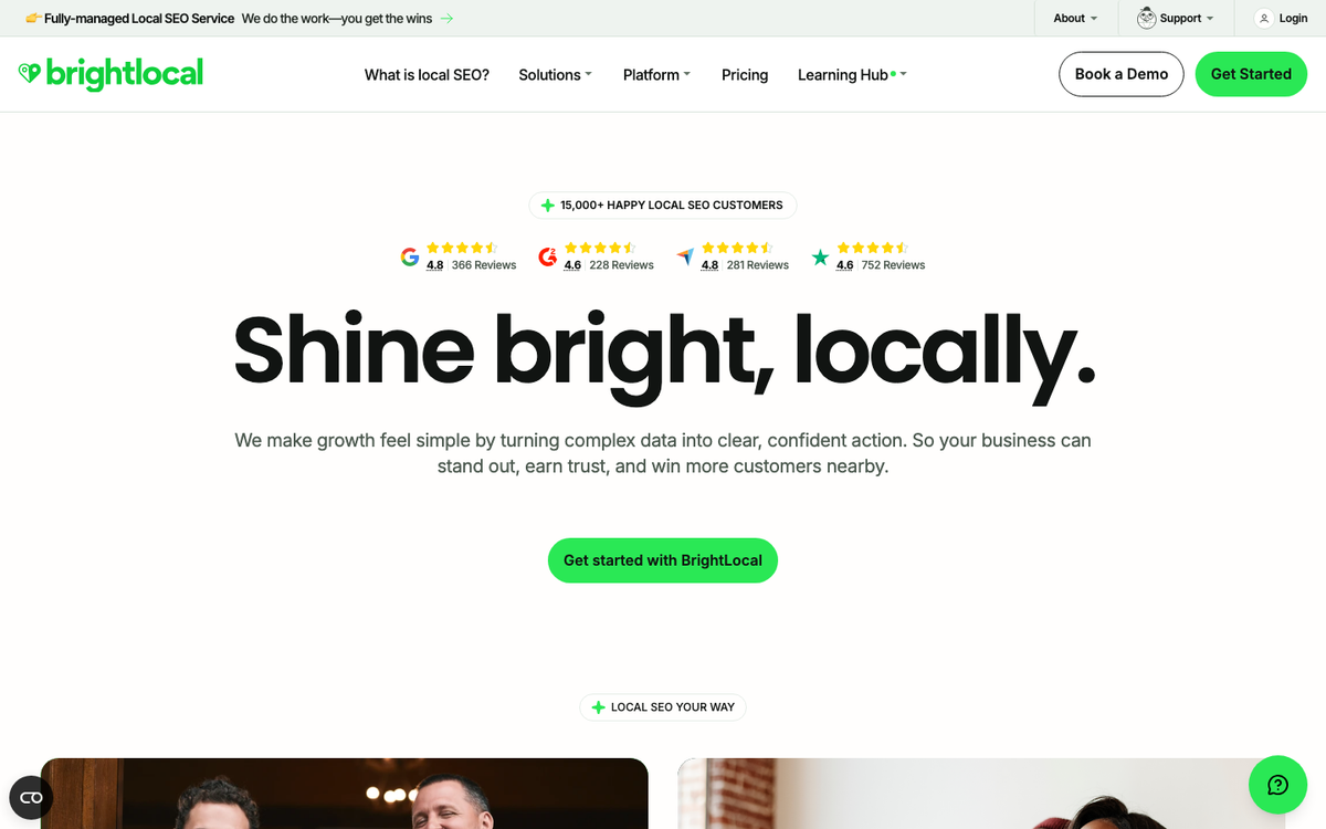BrightLocal homepage hero in October 2026, headed 'Shine bright, locally.', with Google, Capterra and G2 ratings and a Get started button