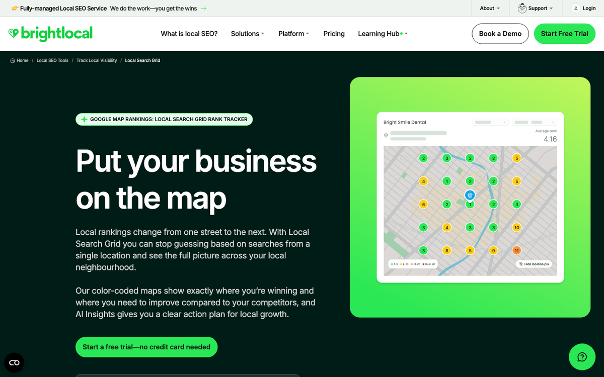 BrightLocal's Local Search Grid page in October 2026, headed 'Put your business on the map', with a colour-coded map grid