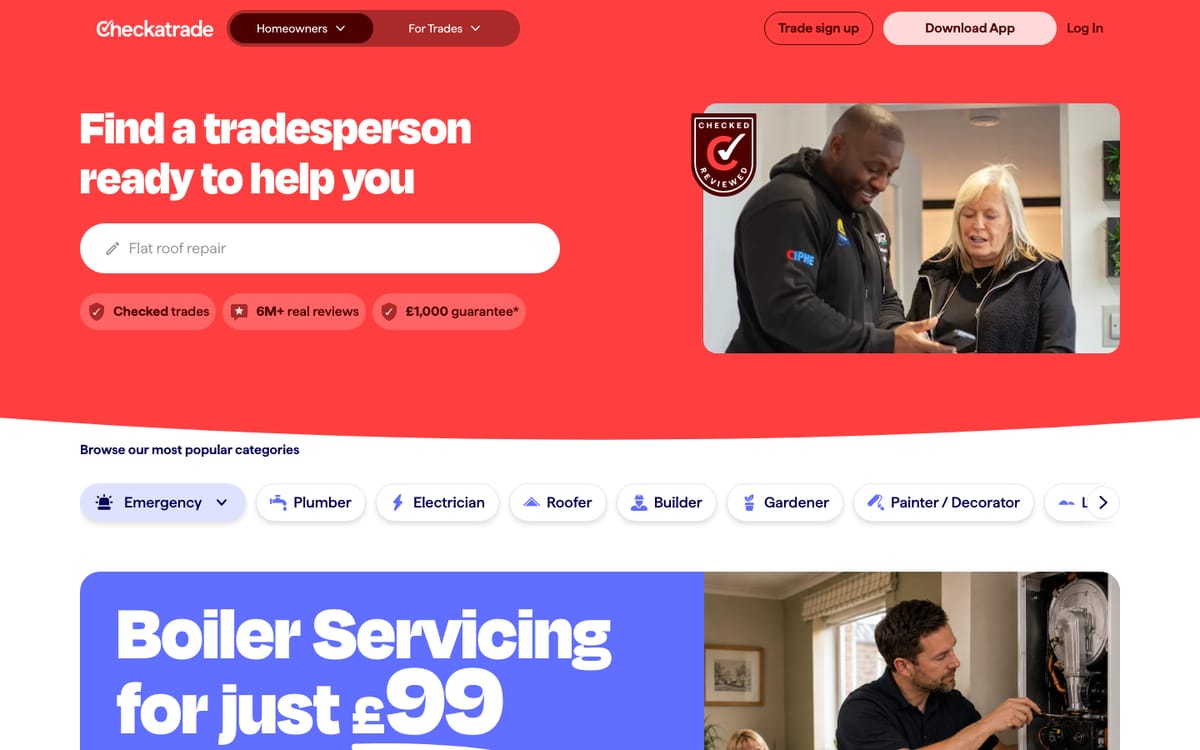 Checkatrade homepage in October 2026, headed Find a tradesperson ready to help you, with Checked trades, 6M+ real reviews and £1,000 guarantee badges