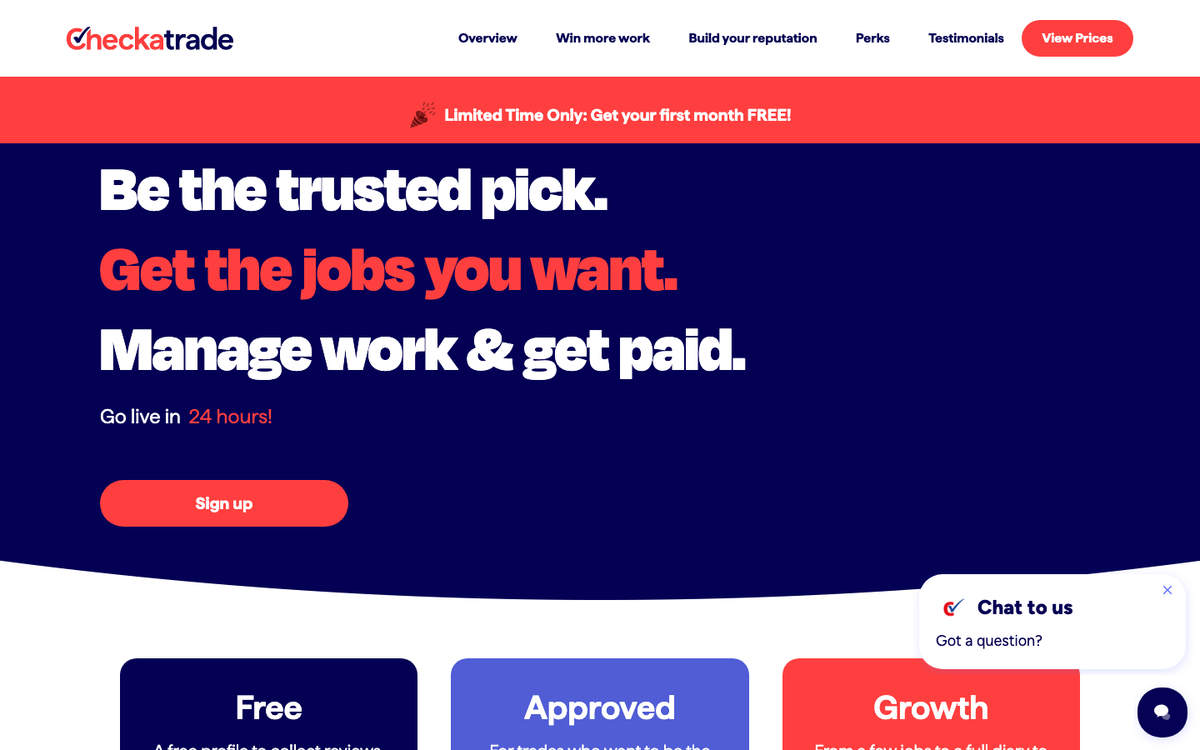 Checkatrade join pricing page in October 2026, headed Be the trusted pick, with a first month free banner and Free, Approved and Growth plan cards