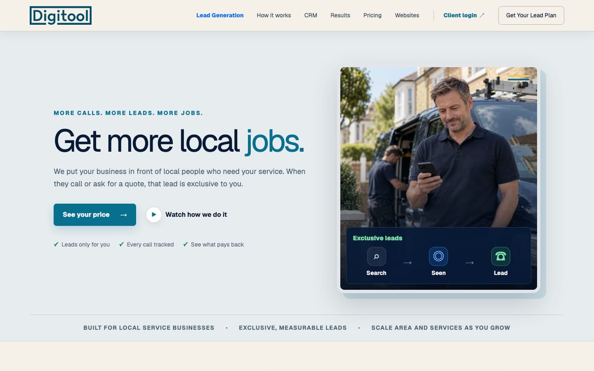 Digitool homepage in October 2026, headed Get more local jobs, with a See your price button and an Exclusive leads panel showing Search, Seen, Lead