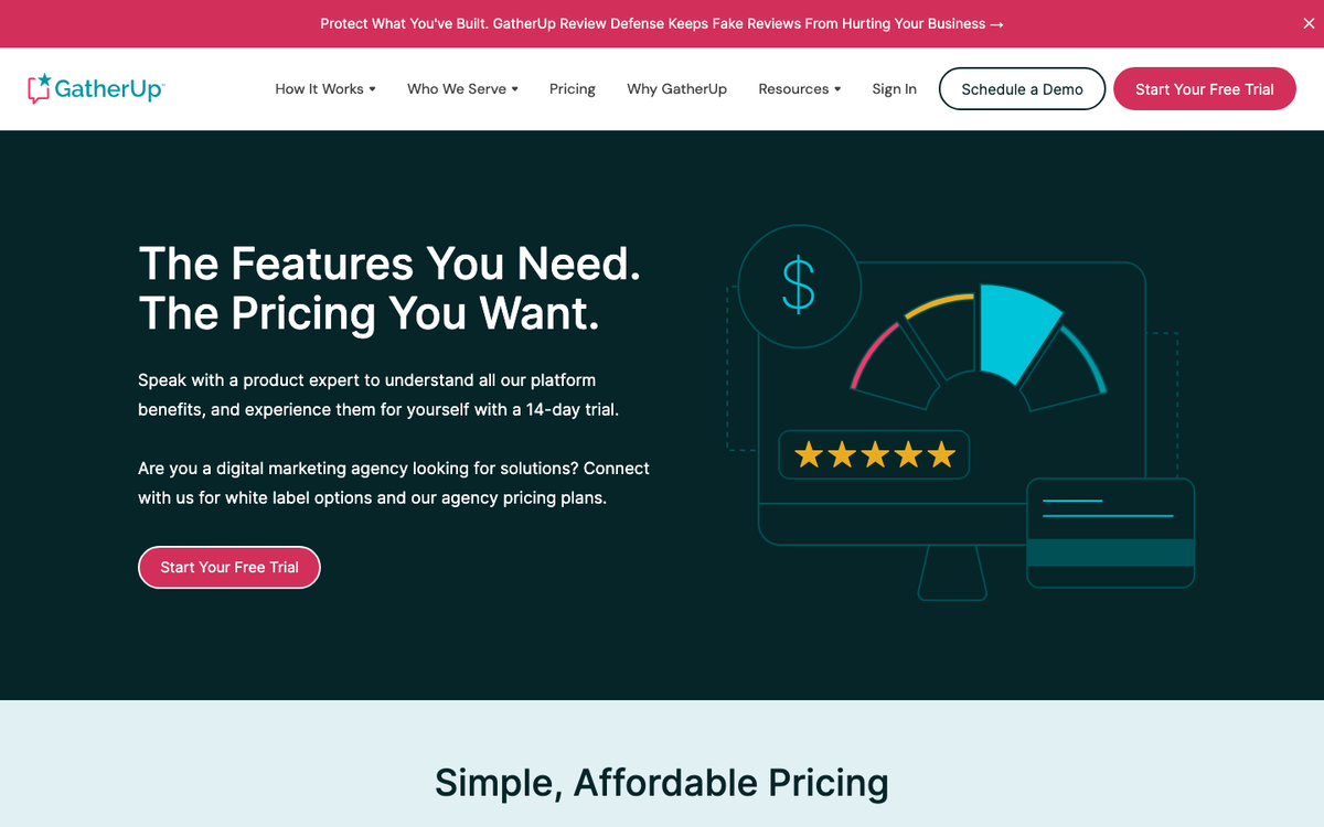 GatherUp's pricing page in October 2026, headed 'The Features You Need. The Pricing You Want.', inviting a 14-day trial and a call with a product expert