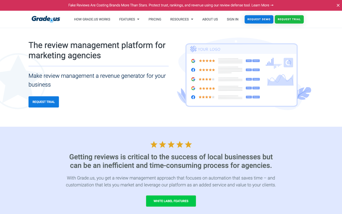 Grade.us homepage hero in October 2026, headed 'The review management platform for marketing agencies', with a white label dashboard mock-up