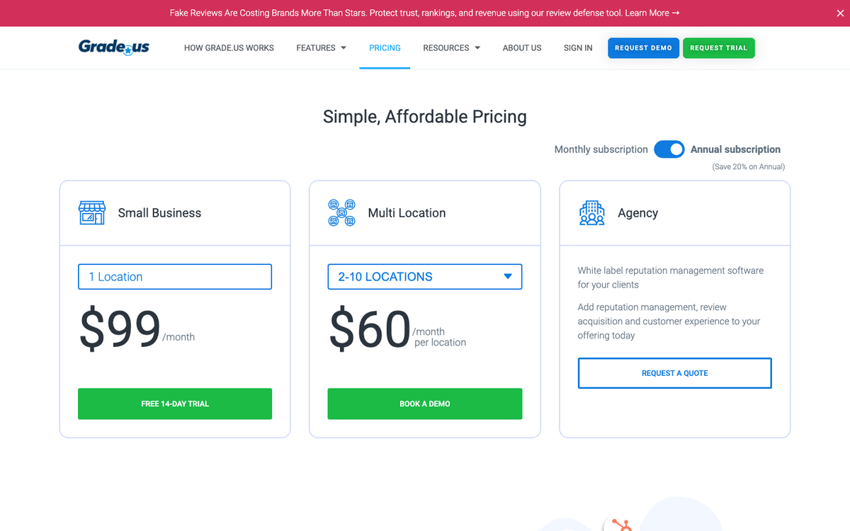 Grade.us plans page in October 2026 showing Small Business at $99 a month billed annually, Multi Location from $60 a month and an Agency plan by quote