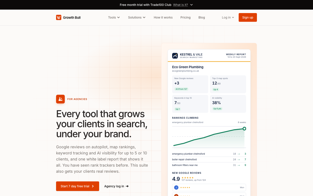 Growth Bull's agencies page in October 2026, headed 'Every tool that grows your clients in search, under your brand', with a white label weekly report