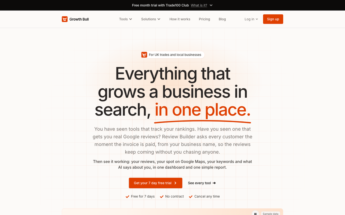 Growth Bull homepage in October 2026, headed with the Review Builder promise of more Google reviews from every paid invoice