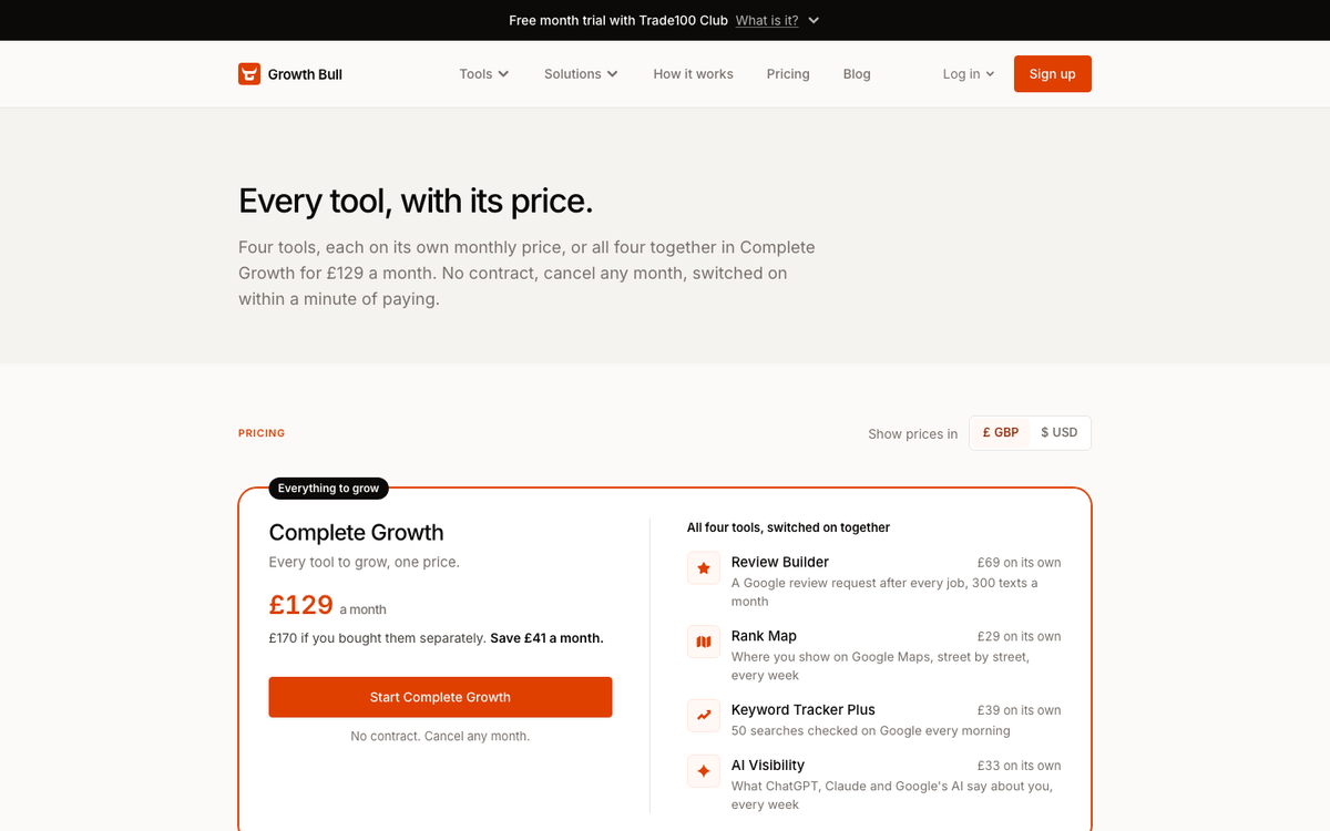Growth Bull pricing page in October 2026, showing Review Builder at £69 a month and Complete Growth at £129 a month with a 7-day free trial