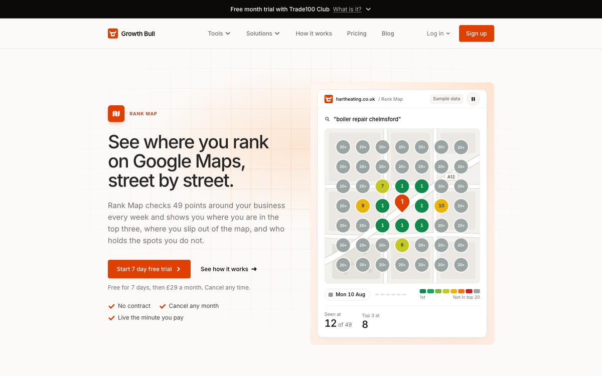 Growth Bull's Rank Map page in October 2026, headed 'See where you rank on Google Maps, street by street', with a 7 by 7 grid of ranking numbers over a map
