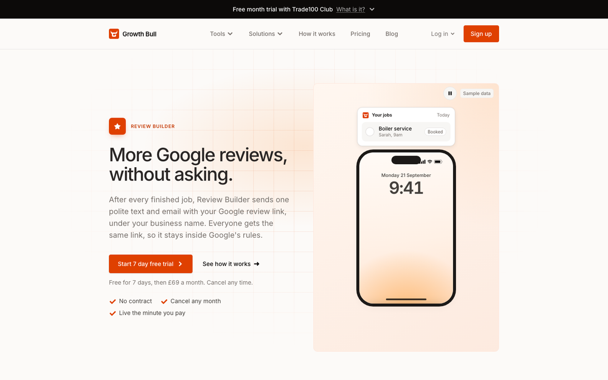 Growth Bull's Review Builder page in October 2026, headed 'More Google reviews, without asking', with a phone showing the review request text