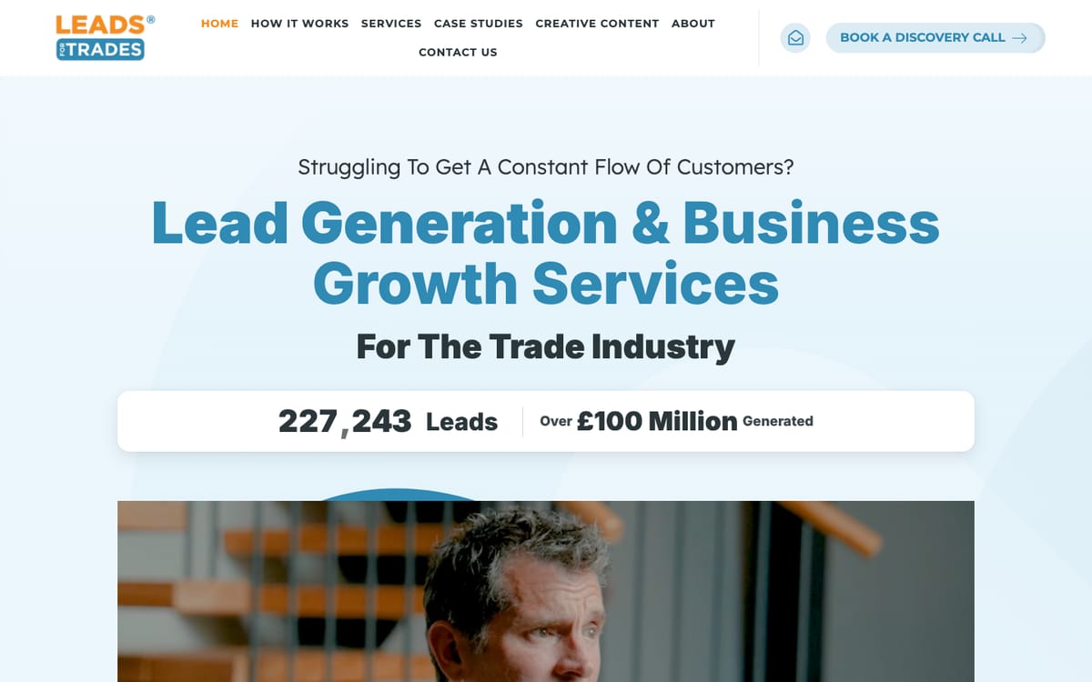 Leads For Trades homepage in October 2026, headed Lead Generation and Business Growth Services For The Trade Industry, with a leads counter and over 100 million pounds generated