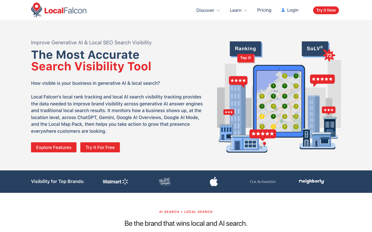 Local Falcon homepage hero in October 2026, headed 'The Most Accurate Search Visibility Tool', with a ranking and SoLV illustration