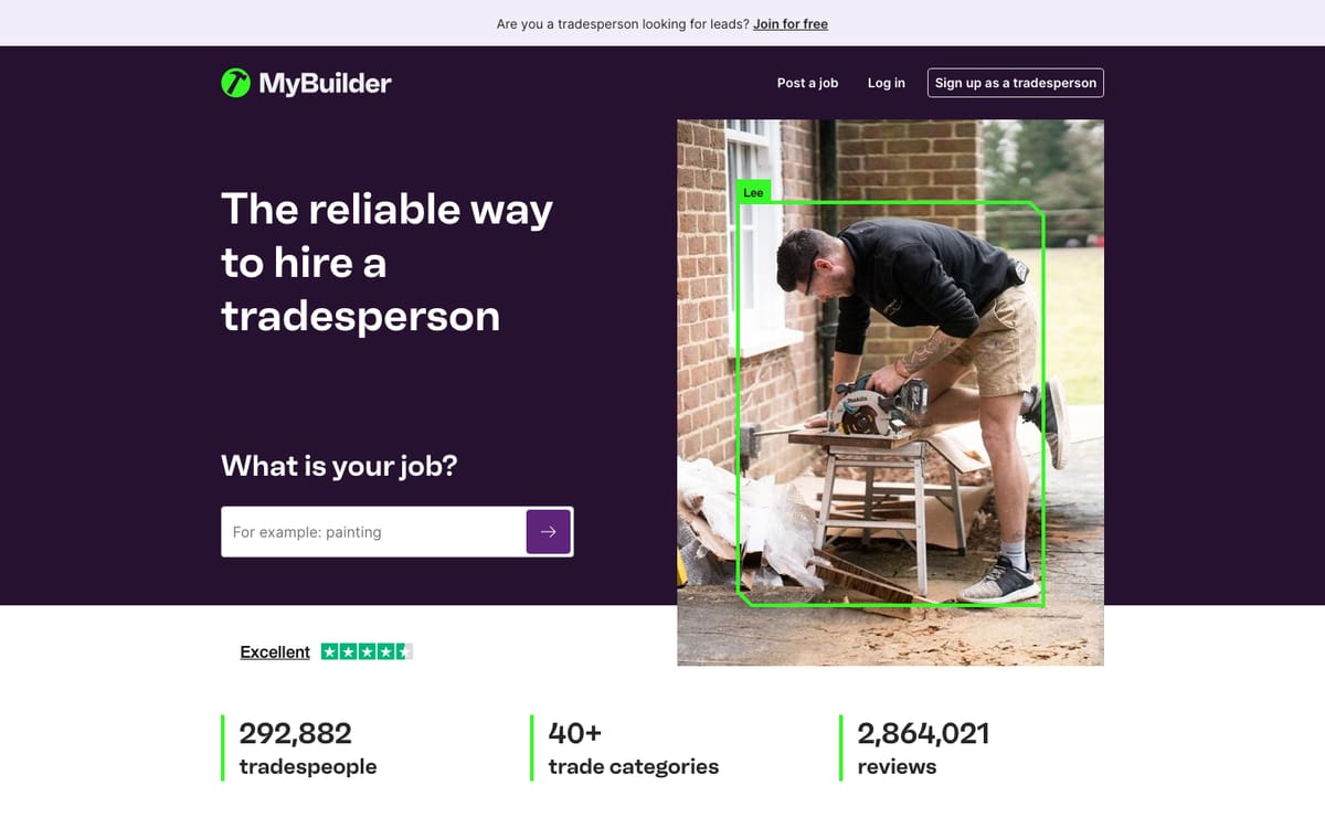 MyBuilder homepage in October 2026, headed The reliable way to hire a tradesperson, with 292,882 tradespeople, 40+ trade categories and 2,864,021 reviews