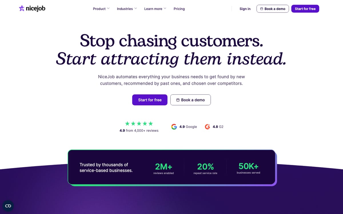 NiceJob homepage hero in October 2026, headed 'Stop chasing customers. Start attracting them instead.', with Google, G2 and Capterra ratings