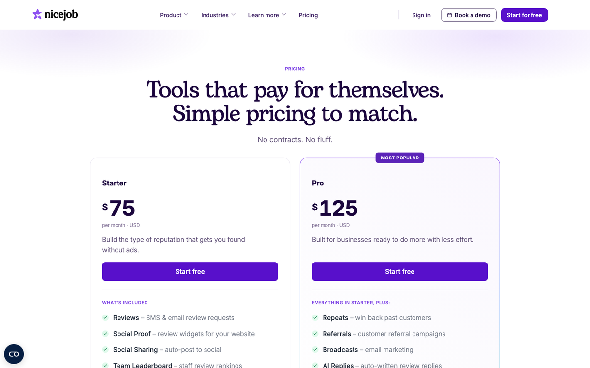 NiceJob's pricing page in October 2026 showing Starter at $75 a month and Pro at $125 a month with no contracts