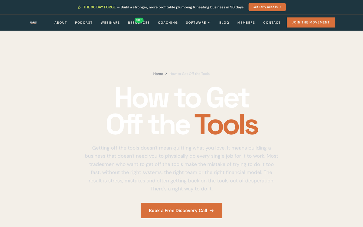 Off The Tools Alliance page in October 2026, headed How to Get Off the Tools, with a Book a Free Discovery Call button
