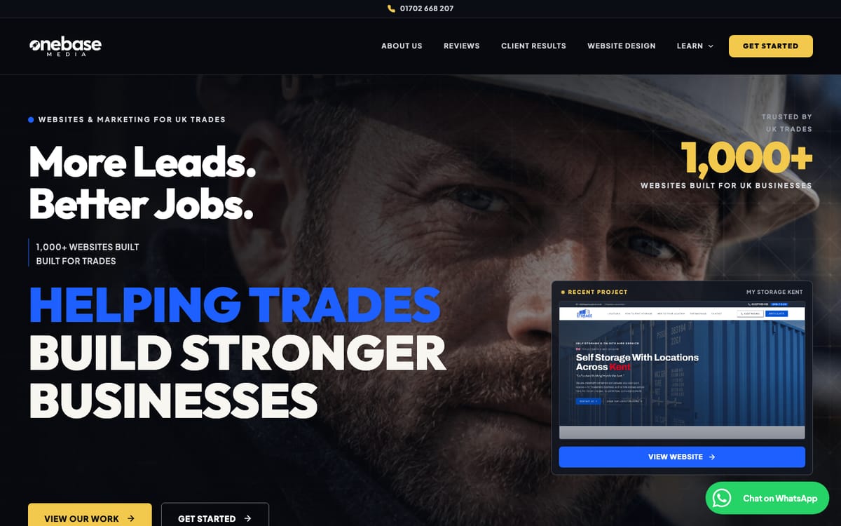 One Base Media homepage in October 2026, headed More Leads, Better Jobs, Helping trades build stronger businesses, with a 1,000+ websites built claim