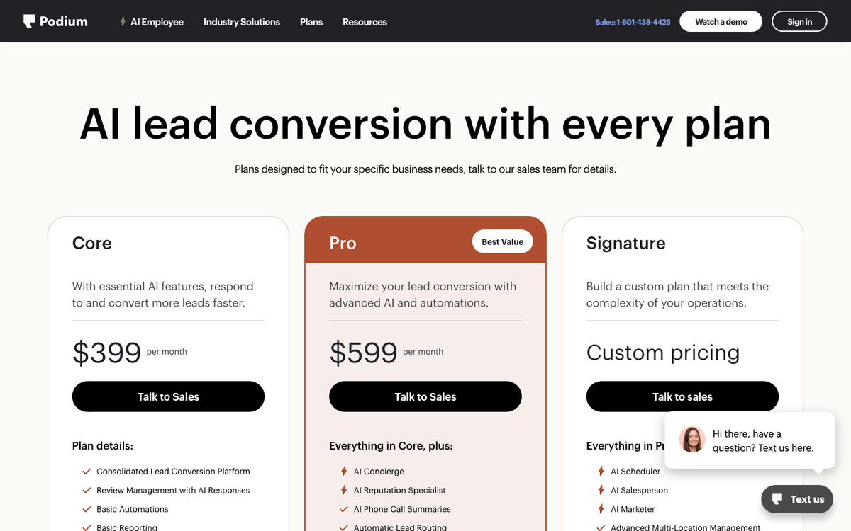 Podium's pricing page in October 2026 showing Core at $399 a month, Pro at $599 and a custom Signature plan, each with a Talk to Sales button