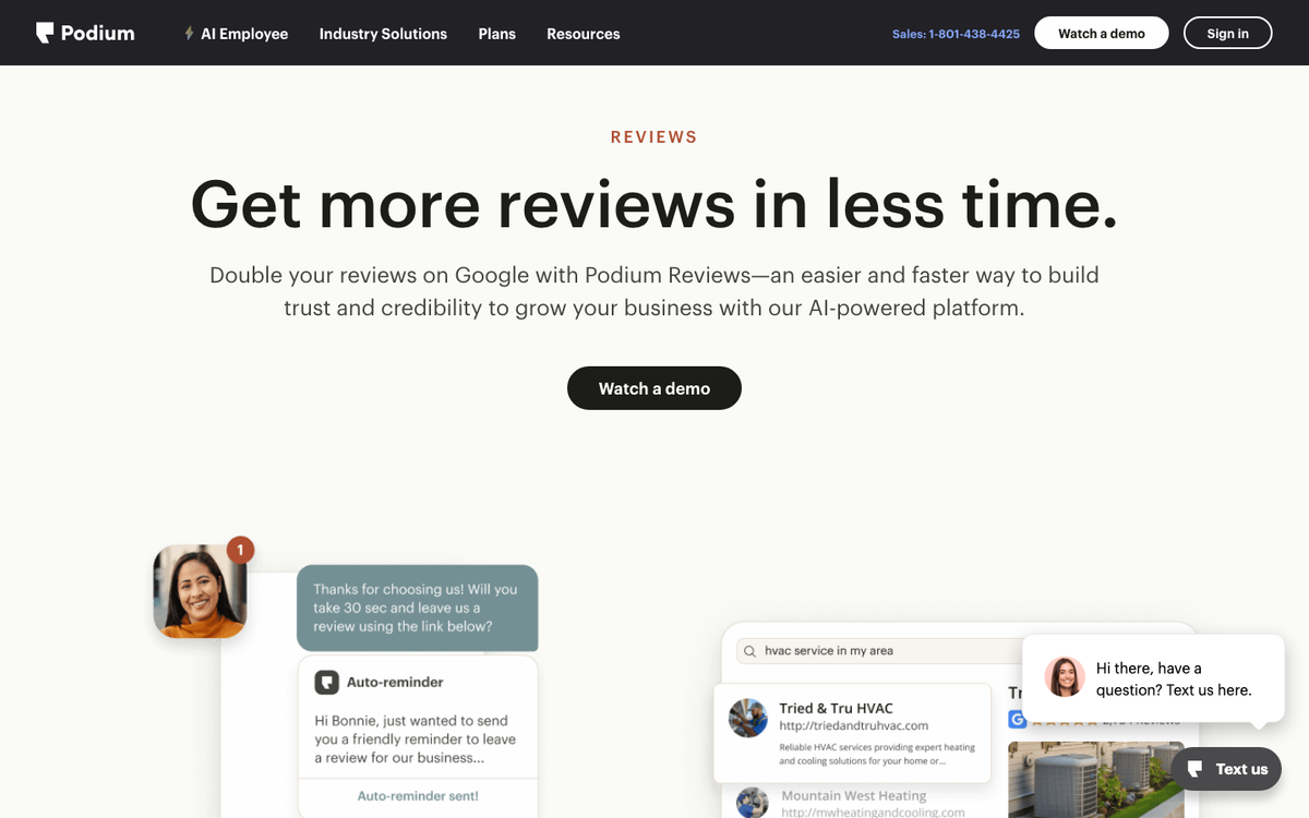 Podium's reviews page in October 2026, headed 'Get more reviews in less time', with a text message review request and auto-reminder mock-up