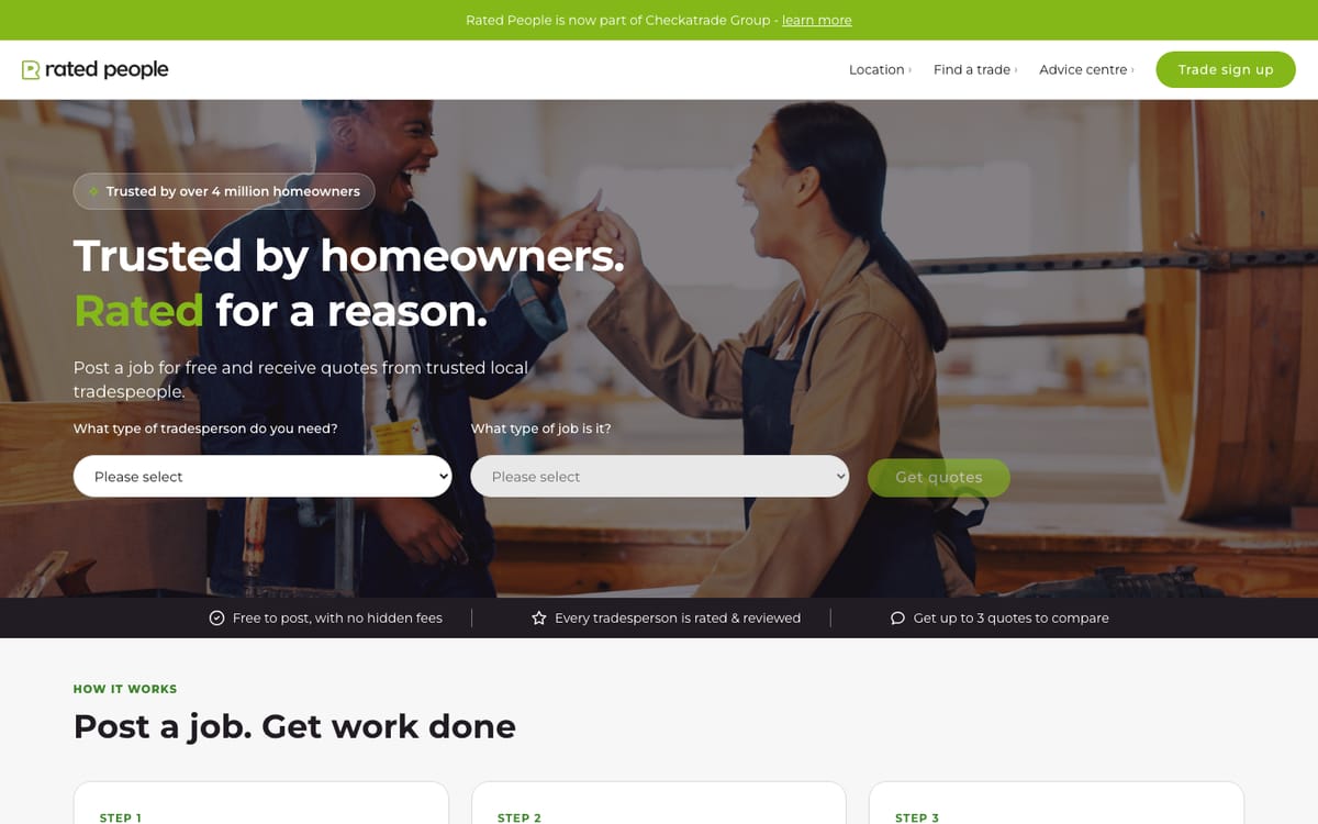 Rated People homepage in October 2026, with a banner reading Rated People is now part of Checkatrade Group, headed Trusted by homeowners, Rated for a reason