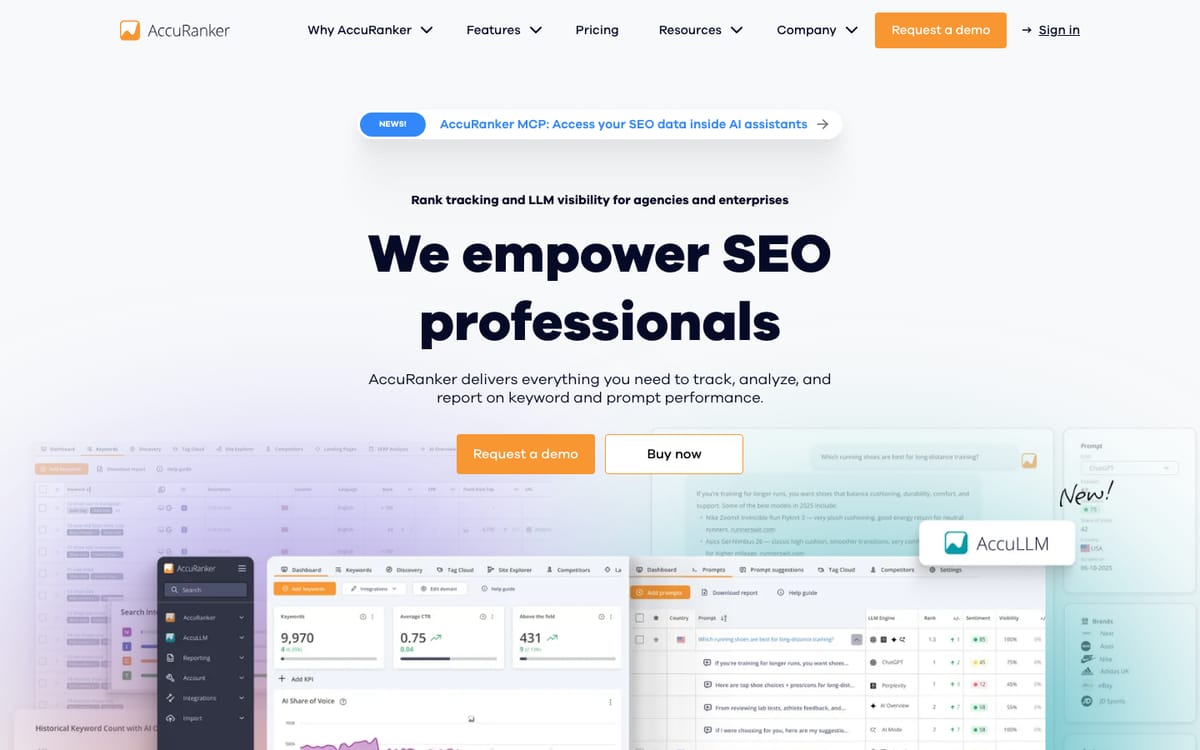 AccuRanker homepage hero in October 2026, headed 'We empower SEO professionals', with a rank tracking dashboard