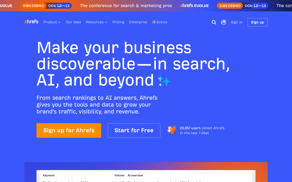 Ahrefs homepage hero in October 2026, headed 'Make your business discoverable in search, AI, and beyond', with Sign up and Start for Free buttons