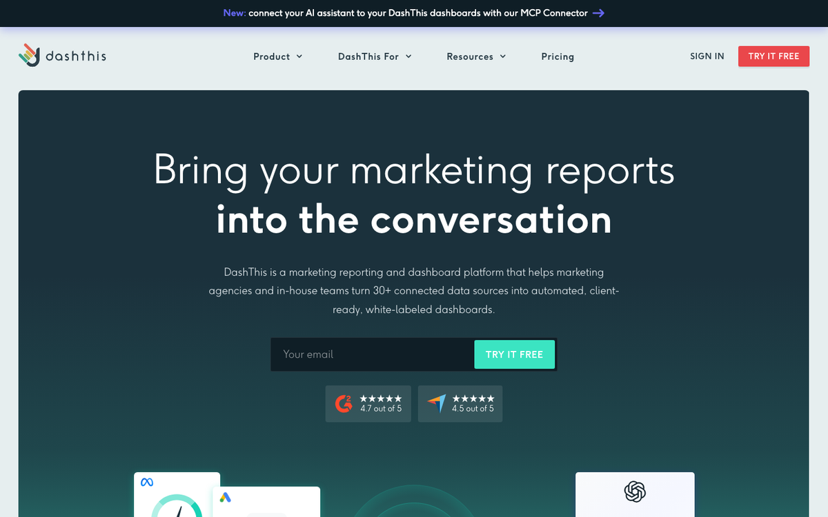 DashThis homepage hero in October 2026, headed 'Bring your marketing reports into the conversation', with an email sign-up box