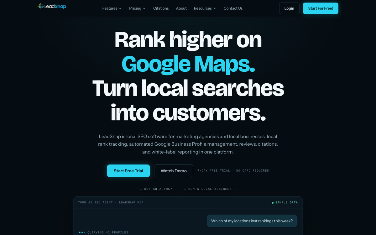 LeadSnap homepage hero in October 2026, headed 'Rank higher on Google Maps. Turn local searches into customers.'