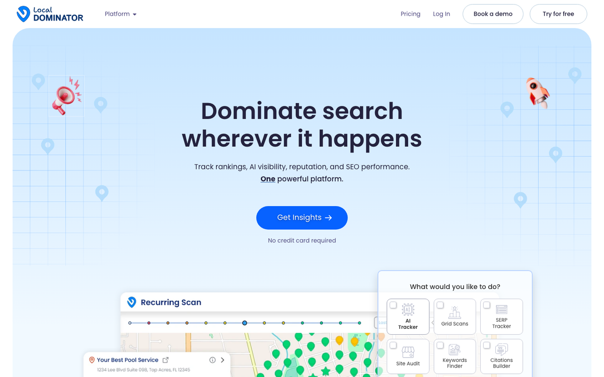 Local Dominator homepage hero in October 2026, headed 'Dominate search wherever it happens', with a recurring scan illustration