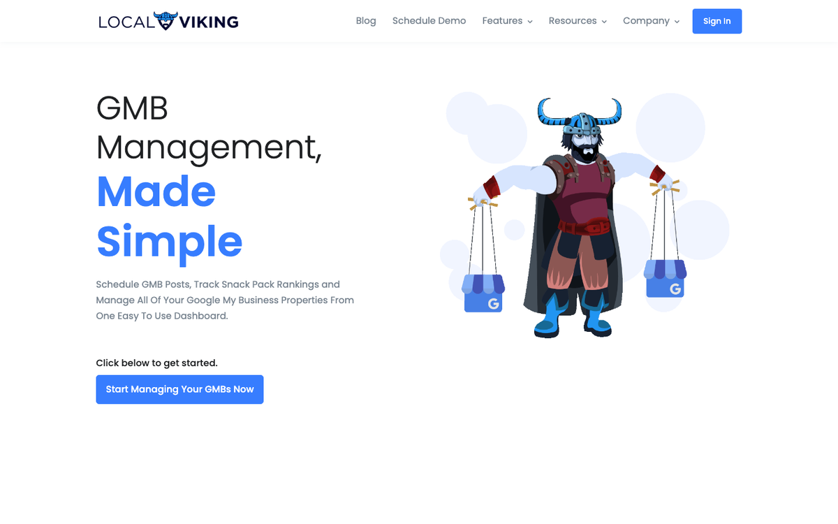 Local Viking homepage hero in October 2026, headed 'GMB Management, Made Simple', with a viking illustration