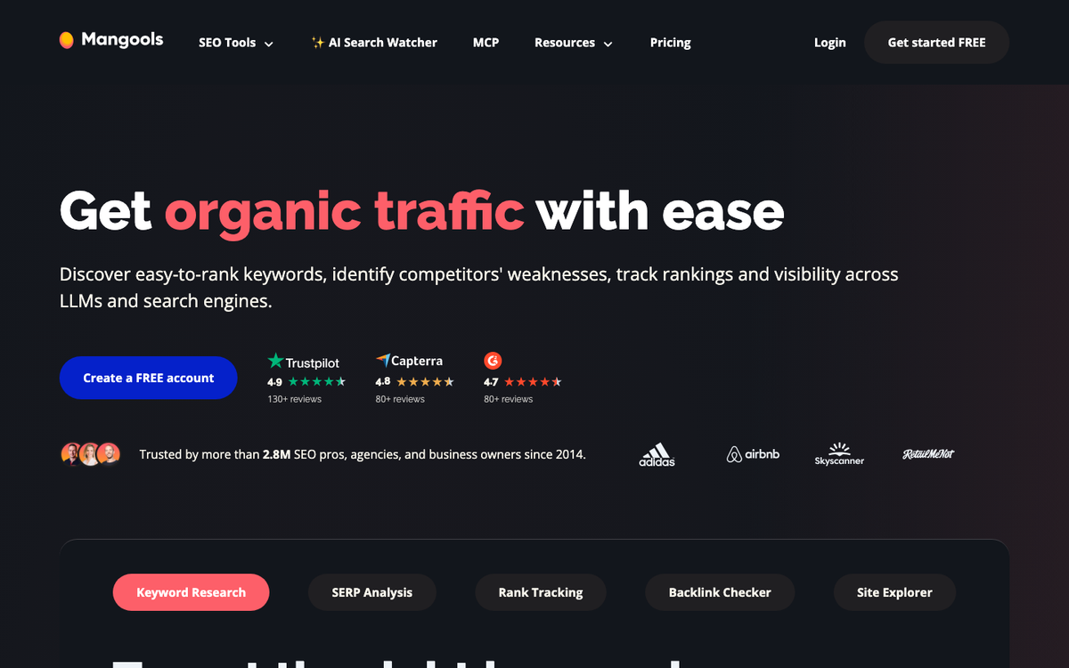 Mangools homepage hero in October 2026, headed 'Get organic traffic with ease', with Trustpilot, Capterra and G2 ratings