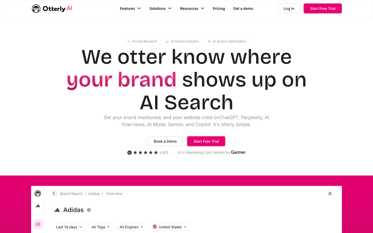 Otterly.ai homepage hero in October 2026, headed 'We otter know where your brand shows up on AI Search', with a brand report preview