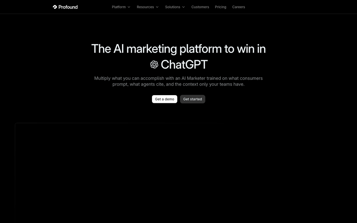 Profound homepage hero in October 2026, headed 'The AI marketing platform to win in ChatGPT', with an answer engine dashboard