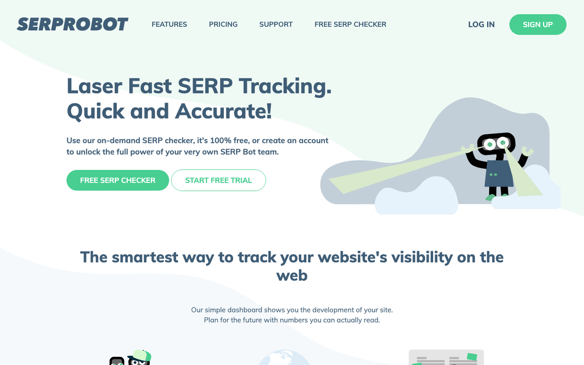 SerpRobot homepage hero in October 2026, headed 'Laser Fast SERP Tracking. Quick and Accurate!', with a free SERP checker button