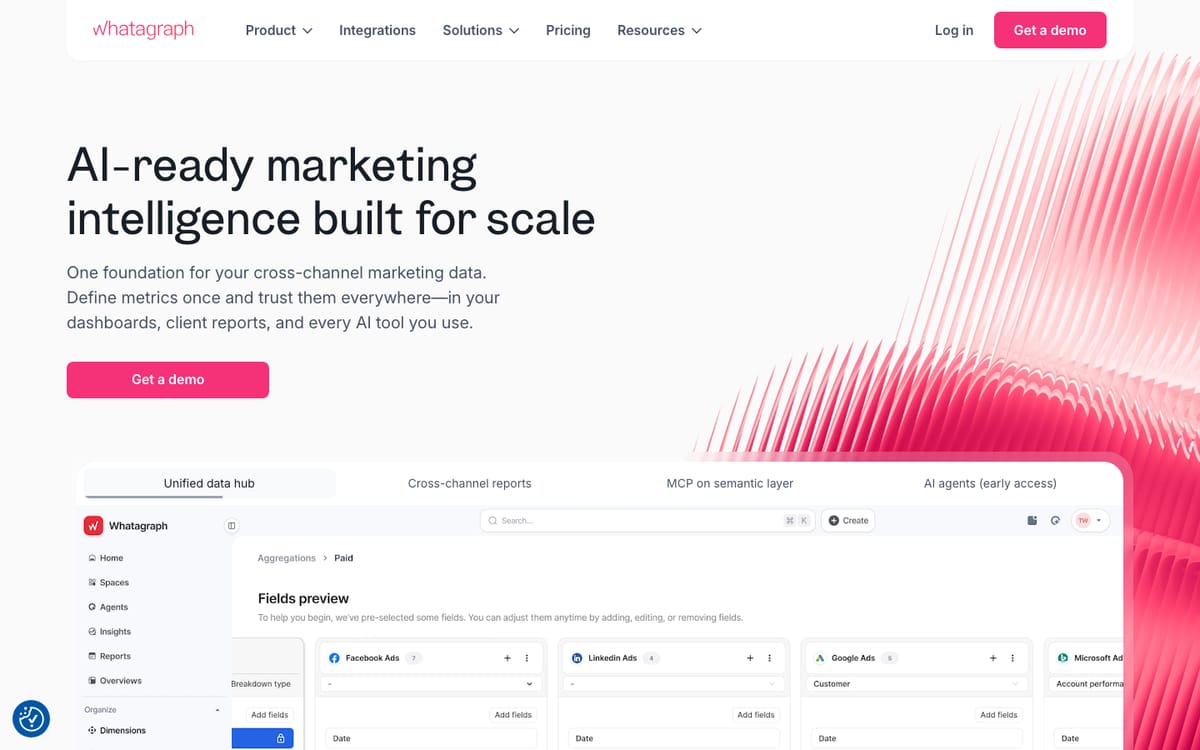 Whatagraph homepage hero in October 2026, headed 'AI-ready marketing intelligence built for scale', with a unified data hub screenshot