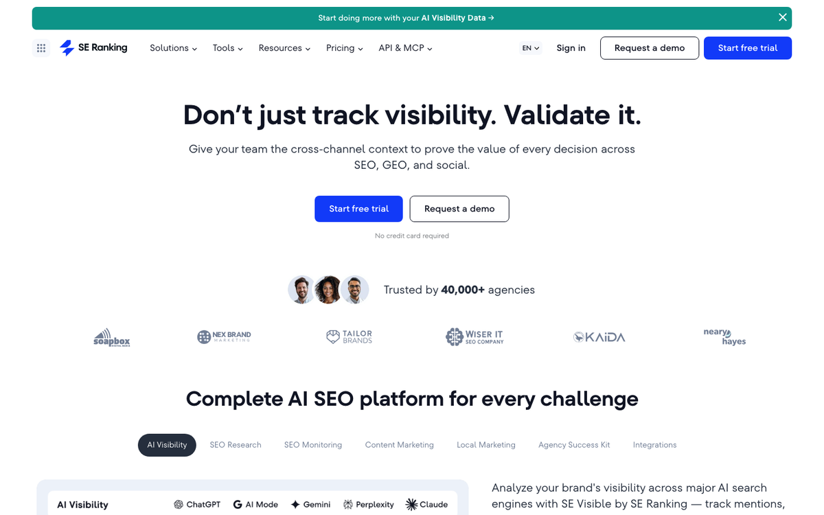 SE Ranking homepage hero in October 2026, headed 'Don't just track visibility. Validate it.', with a Start free trial button and agency logos