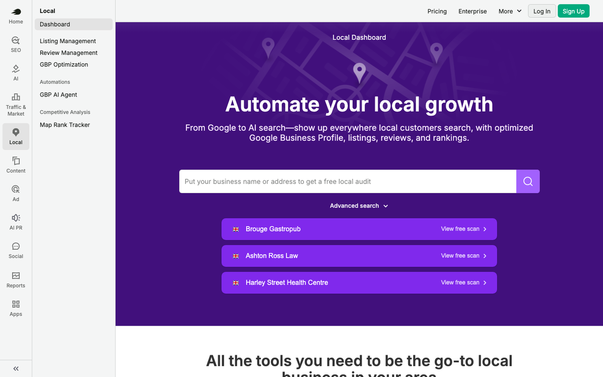 Semrush Local page in October 2026, headed 'Automate your local growth', with a business search box and the Local app sidebar