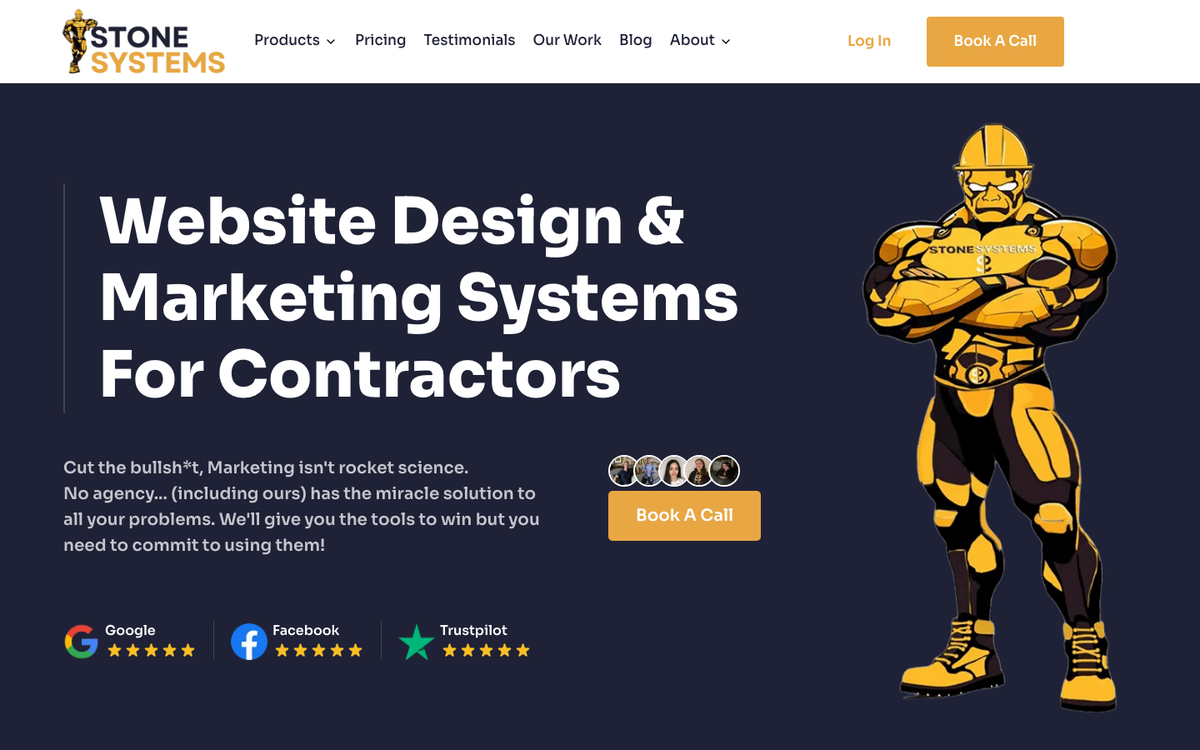 Stone Systems homepage in October 2026, headed Website Design and Marketing Systems For Contractors, with Google, Facebook and Trustpilot star badges