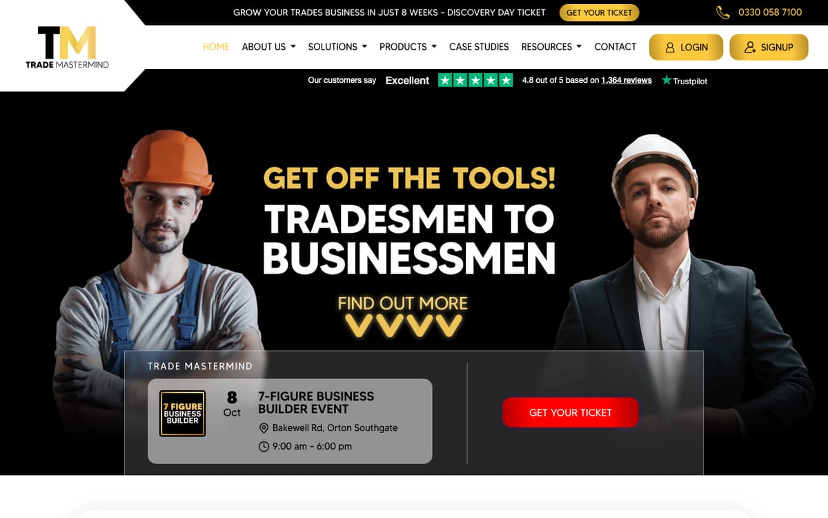 Trade Mastermind homepage in October 2026, headed Get Off The Tools, Tradesmen to Businessmen, with a Trustpilot 4.8 badge and a 7-Figure Business Builder event ticket