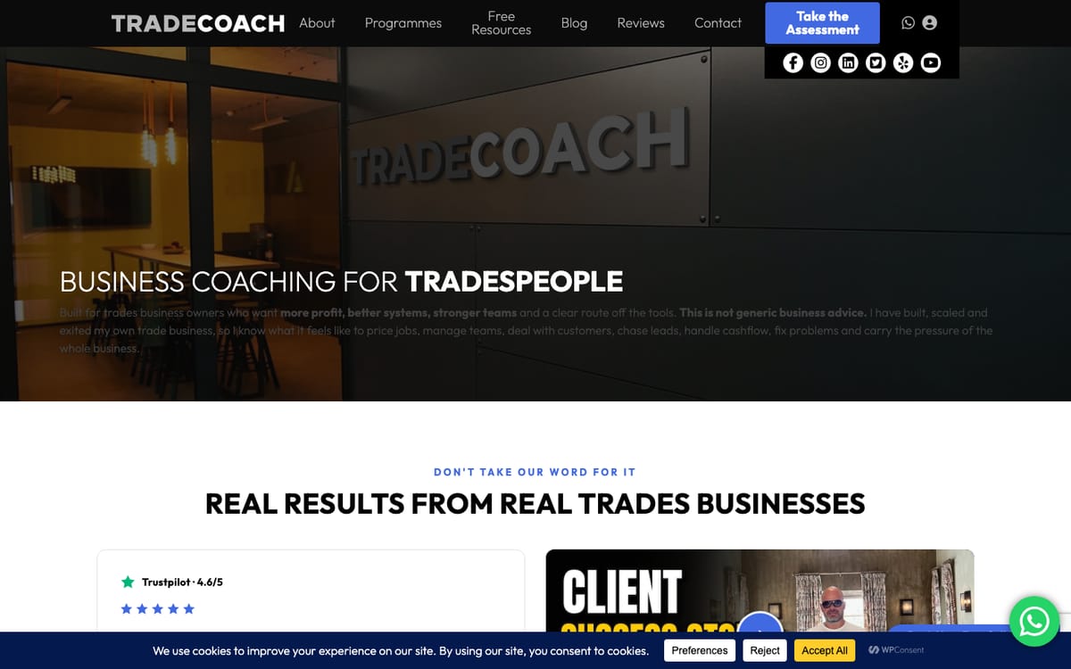 TradeCoach homepage in October 2026, headed Business Coaching For Tradespeople, with a Trustpilot 4.6 badge and client success stories