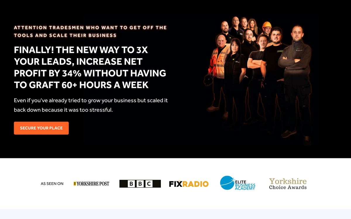 Trades Freedom Club homepage in October 2026, headed with the claim of 3x leads and 34 percent net profit without 60-hour weeks, and a Secure Your Place button