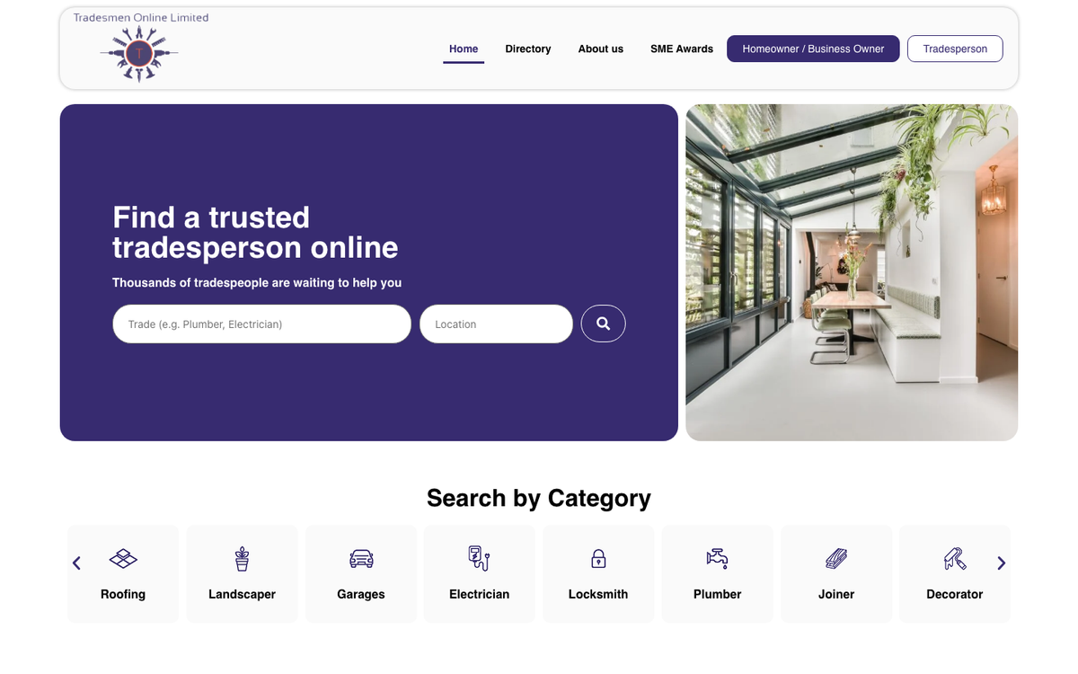 Tradesmen Online homepage in October 2026, headed Find a trusted tradesperson online, Thousands of tradespeople are waiting to help you, with a search by category row