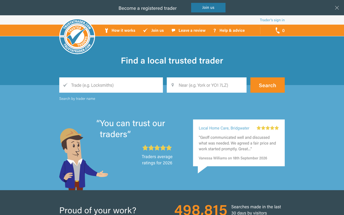 TrustATrader homepage in October 2026, headed Find a local trusted trader, with a Join us bar for registered traders and 498,815 searches in the last 30 days
