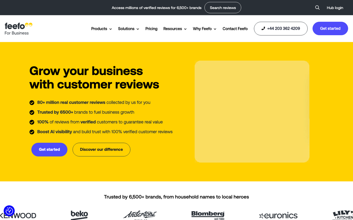 Feefo for Business homepage hero in October 2026, headed 'Grow your business with customer reviews', on a yellow background with a phone mock-up