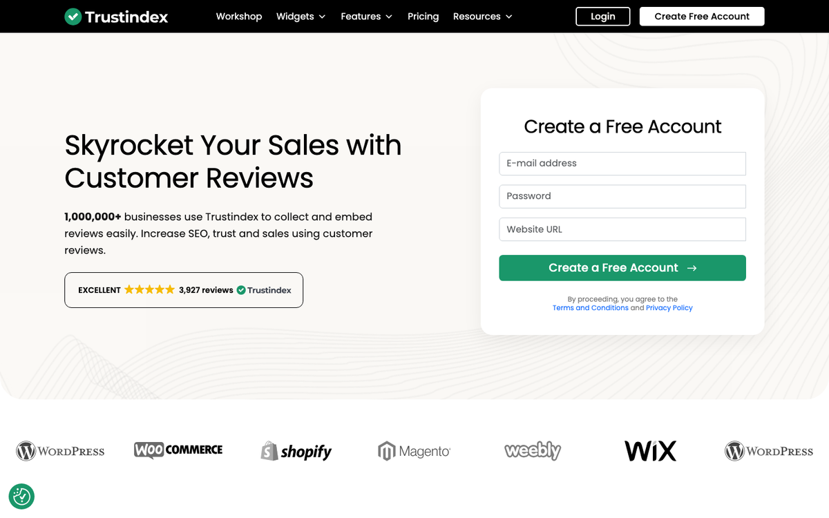Trustindex homepage hero in October 2026, headed 'Skyrocket Your Sales with Customer Reviews', with a Create a Free Account form