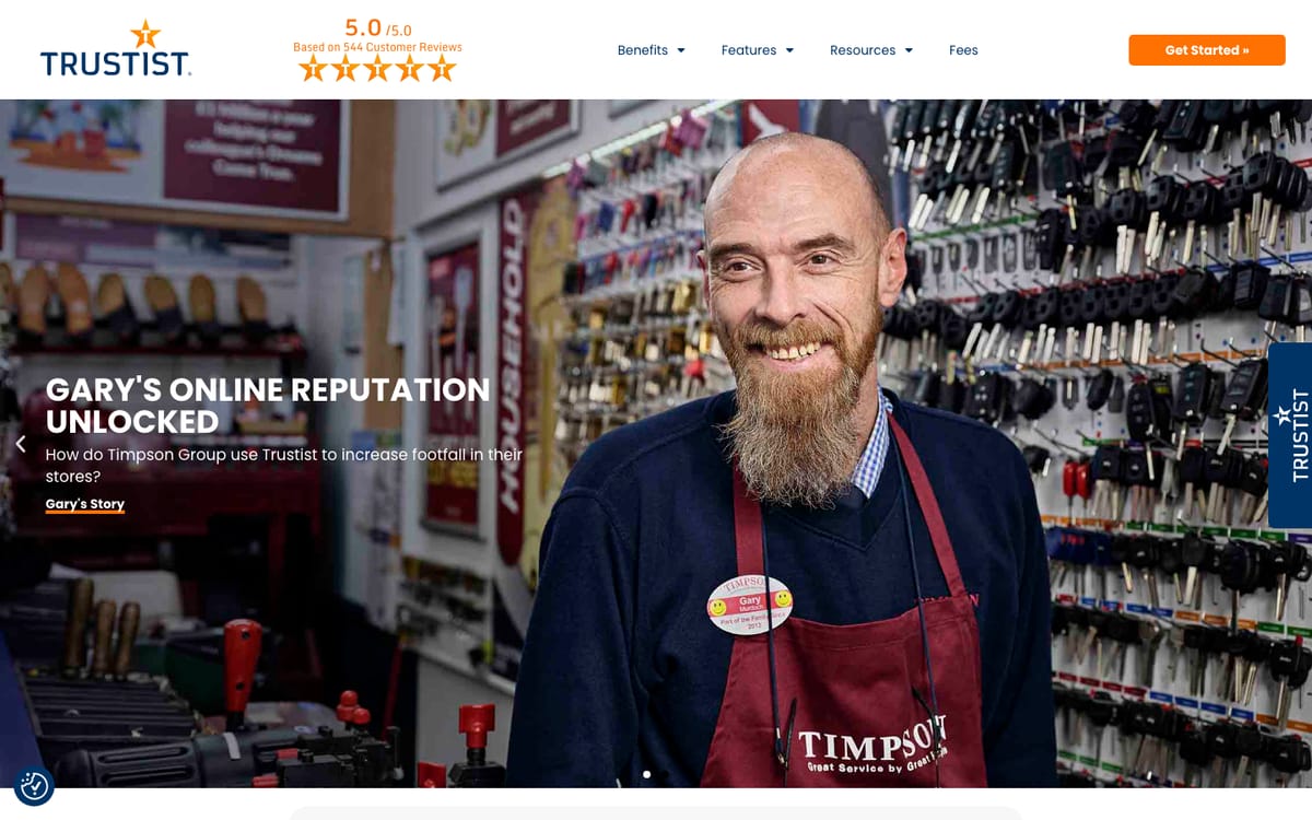 Trustist homepage hero in October 2026 showing a shopkeeper photo captioned 'Gary's online reputation unlocked'
