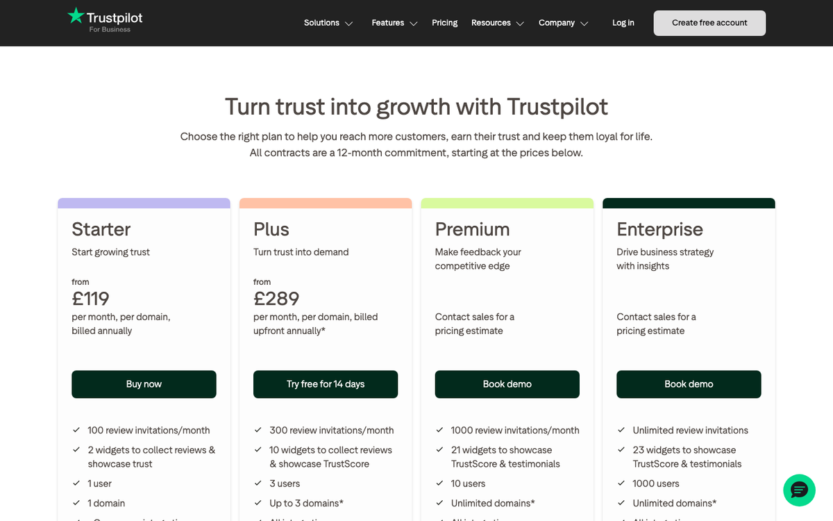 Trustpilot's pricing page in October 2026 showing Starter at 119 pounds and Plus at 289 pounds per month per domain billed annually, with Premium and Enterprise by quote